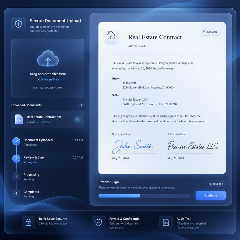 Secure digital document upload for real estate contract